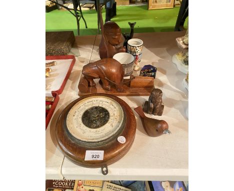 A SELECTION OF TREEN AND CERAMICS ETC. TO INCLUDE A BAROMETER AND A CARVED ELEPHANT 