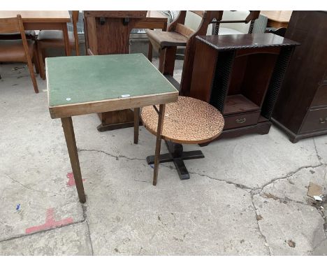 A COPPER TOPPED TABLE, FOLDING CARD TABLE AND A CD STORAGE UNIT 