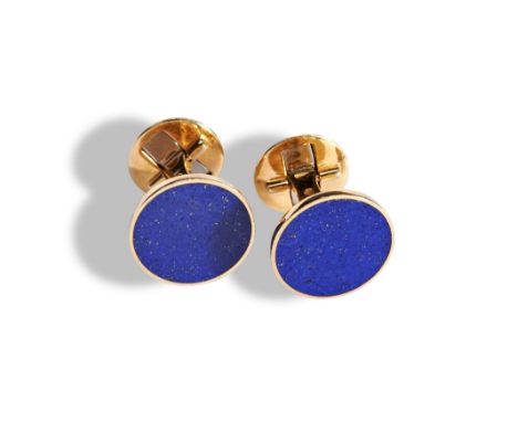 A PAIR OF LAZULI CUFFLINKS each set with circular lapis lazuli plaque with fancy post  a round post set pair set with lapis l