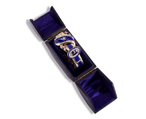 A VICTORIAN GUILLOCHE ENAMEL, DIAMOND AND GOLD BANGLE, CIRCA 1860 of entwined belt and buckle design, set with old brilliant-
