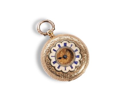 A SWISS 18K GOLD HALF HUNTING CASED WATCH   cylinder escapement, foliate engraved gold dial, the case engraved with flowers a