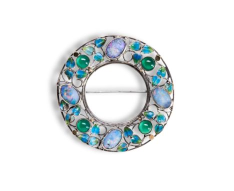 GEORGE EDWARD HUNT, AN ARTS AND CRAFTS OPAL ENAMEL AND CHRYSOPRASE BROOCH of pierced annular design&nbsp;set with green&nbsp;