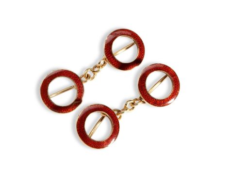 A PAIR OF RED ENAMEL AND GOLD CUFFLINKS  of open circle design joined by round chain links. Cased. Marked 18k Total weight 7.