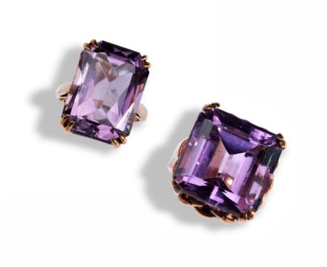 TWO AMETHYST DRESS RINGS each ring set with rectangular cut amethyst set with four double claws, one with knotted rope galler