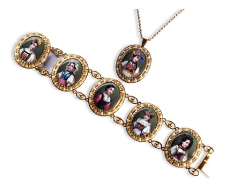 A VICTORIAN SWISS ENAMEL AND GOLD BRACELET, CIRCA 1850-60 the five oval panels of Geneva enamels depicting regional Swiss cos