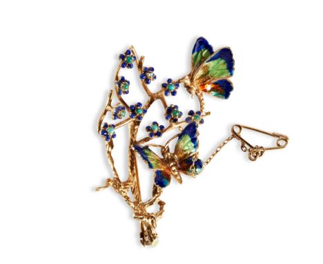 AN ITALIAN GOLD ENAMEL BUTTERFLY BROOCH the two enamelled butterflies rest on a branch decorated with varicoloured enameled f