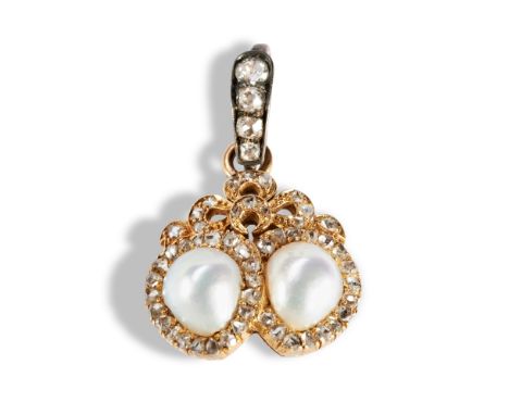 A 19TH CENTURY HALF PEARL AND DIAMOND PENDANT CIRCA 1830 the two pear shaped half pearls within heart shaped mounts set throu