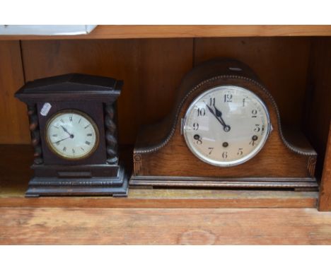 A Napoleon mantle clock silent chime with Arabic numerals another mantle clock of barley twist design on pediment cream ename