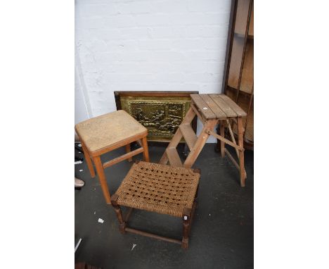 A quantity of furniture including two stools, a small collapsible stepladder and a fireguard