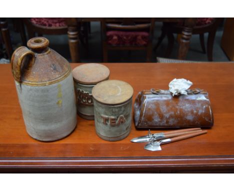 A quantity of stone ware including flagon, tea and coffee storage container, a Bourne Dendy vintage hot water bottle inscribe