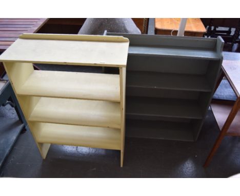 A pine yellow painted three shelf set of bookshelves 88 x 65 x 26cm together with another set of four shelf green painted boo