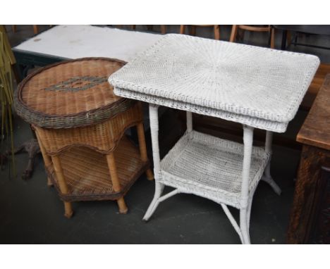 Two small wicker table with bottom shelf: a rectangular painted white dimension 49 cm x 67 cm, height 74 cm and a round table