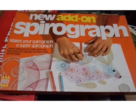 A box of vintage board games including Trivial pursuit, puzzle, Spirograph, Crystalate snooker set, Playdo and Lego