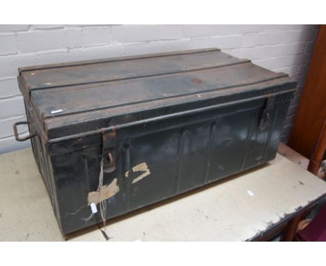 A painted metal military trunk 77 x 46 x 33cm with one other metal trunk