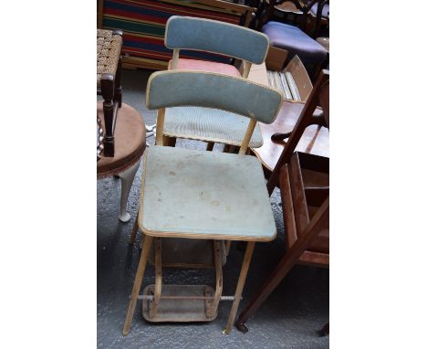 Two blue vintage child's chairs one with foot rest together with a kitchen stool with red top