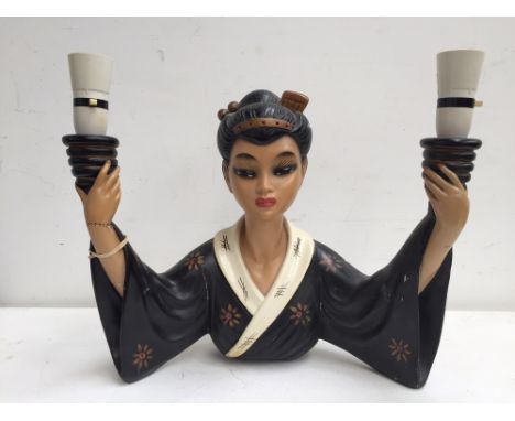 A vintage retro 50s Duron Tretchikoff kitsch style double oriental lady lamp, chalkware floor standing or wall hung double la
