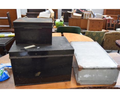 A black painted trunk 57 x 40 x 37cm with another smaller metal strunk and a metal suitcase 