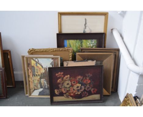 A quantity of pictures and prints including an oriental tapestry of a typical landscape scene with figures, a still life pain