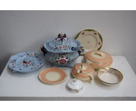 A quantity of china including Ridgways early 19th century tureen dish, cover and ladle of floral design over blue ground toge