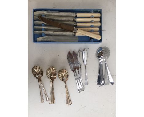 A selection of cutlery and flatware including a box of six Joseph Rodgers knifes with an Ivorine handle, a box with mixed sil