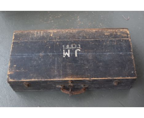A vintage painted pine carpenters case with internal draw and a quantity of tools to include planes, drills, wood chisels, dr