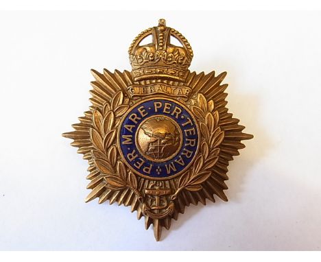 Royal Marines Light Infantry Helmet plate, officers variant with enamelled centre, KC (Gilding-metal, lugs) K&K: 1099