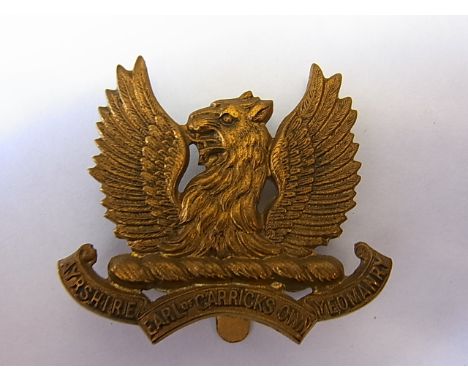 The Earl of Carrick's Own Ayrshire Yeomanry (Hussars) cap badge (Brass, slider) made by J.R. Gaunt. London. (A later copy) K&