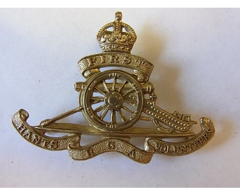 1st Hampshire Royal Garrison Artillery (Volunteers) WWI Cap badge, KC (White-metal, lugs) K&K: 846