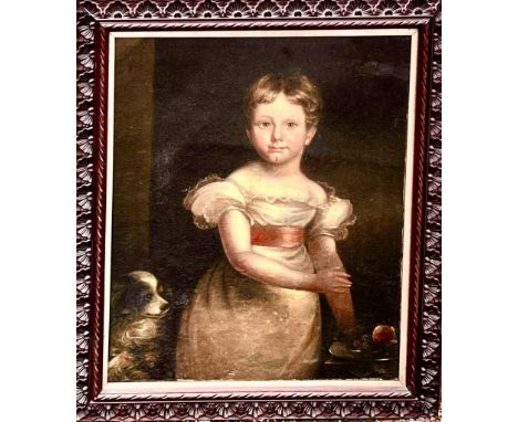 C D(?) LANGLEY, OIL ON CANVAS, PORTRAIT OF A YOUNG CHILD WITH SPANIEL, SIGNED AND DATED 1828, FRAMED AND GLAZED, APPROX 71 x 