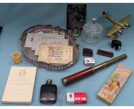 Sundry lot including hip flask, plated tray, telescope, cigarette cards etc All in used condition, unchecked