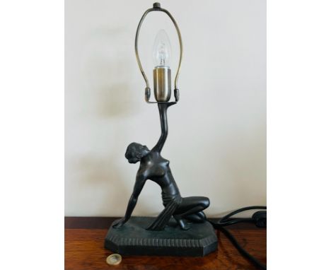 DECORATIVE ART DECO STYLE LAMP, ANODISED METAL, WITH TIFFANY STYLE SHADE (NOT ATTACHED), FIGURE HEIGHT APPROX 26cm, TOTAL HEI