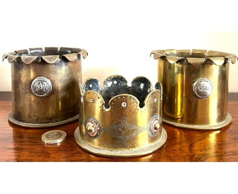 THREE TRENCH ART WORLD WAR I PIECES BRASS BOTTLE HOLDERS/COASTERS, 1916  ONE STAMPED PATRONEN FABRIC KARLSRUHE JAN

 