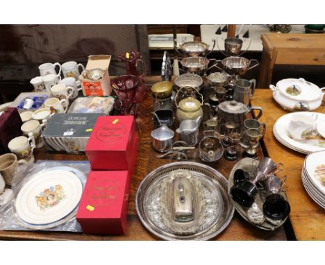 A quantity of silver plated and other metal ware to include trophy cups, a rose bowl, trays etc. 