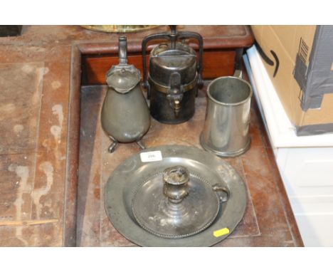 A quantity of 18th and 19th Century pewter; together with a miners lamp