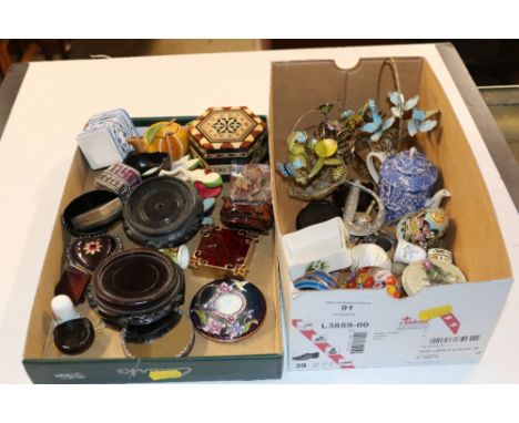 Two boxes containing small trinket boxes, miniature ornaments, a cloisonne bell etc. 