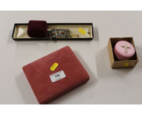 A 9ct gold ring; together with a white metal and enamel decorated bracelet; a 9ct bi-gold bracelet AF; a small box of badges 