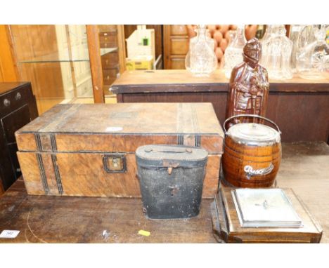 A Victorian walnut writing box for restoration; a companion set in the form of a knight; an oak and chrome plated biscuit bar