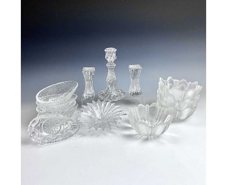 A Baccarat glass candlestick, with spiral fluted baluster stem, height 18.5cm, together with other 20th century glass includi