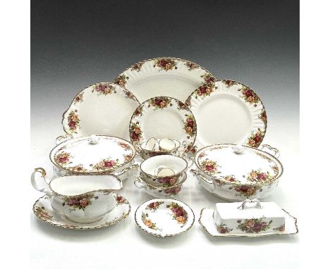Royal Albert Old Country Roses, part service comprising two tureens and covers, meat platter, sauceboat and stand, butter dis