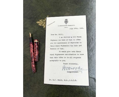 Sir Frederick Still KCVO. His commission as Royal Physician to the Duke & Duchess of York, July 27th 1936, from Rear-Admiral 