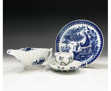 A Caughley porcelain fisherman and cormorant pattern saucer, pseudo Chinese mark to base, together with a relief moulded Cont