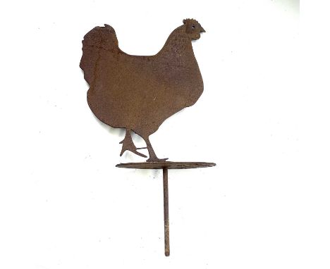 A sheet metal weather vane mount in the form of a hen. Overall height 48cm.Condition report: Rusted but stable, 20th century.