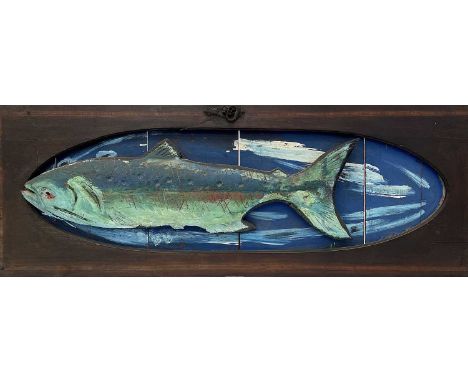 A wood carved and painted high relief sculpture of a fish mounted onto a repurposed Edwardian wardrobe door, 140cm x 50cmCond