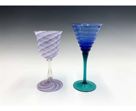 A Venetian Murano wine glass, with red, white and blue spiral thread decoration and aventurine flecked hollow baluster stem, 