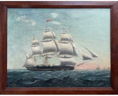 An oil on canvas portrait of a full rigged ship, 74cm x 54cm.