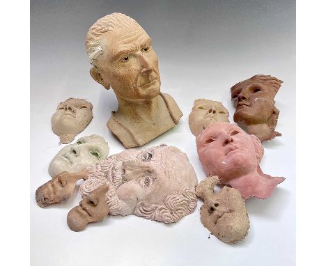 A stoneware bust of Caesar and a collection of portrait studies of various mediums, the height of bust 28cm. (10).
