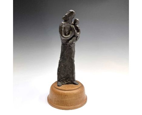 Modern British School, a stylised bronze figure of a mother and child, apparently unsigned, height 27cm, on a wood plinth.