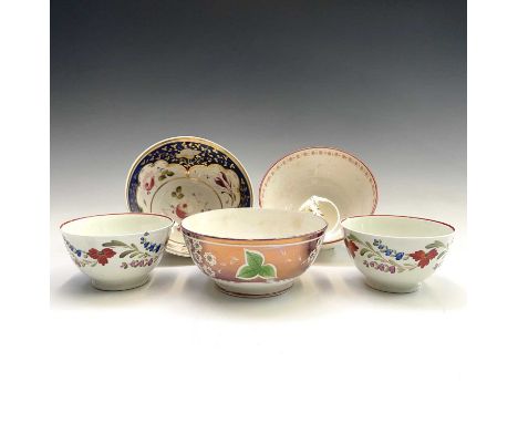 A pair of 19th century pearlware small bowls, with floral painted decoration, diameter 12cm, together with three other 19th c