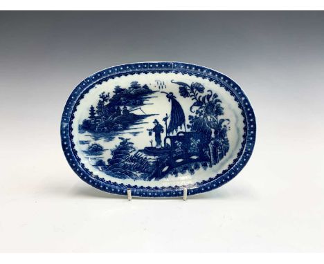 A Caughley blue and white porcelain oval baking dish, circa 1780, printed with the Fisherman pattern, width 22cm.Condition re
