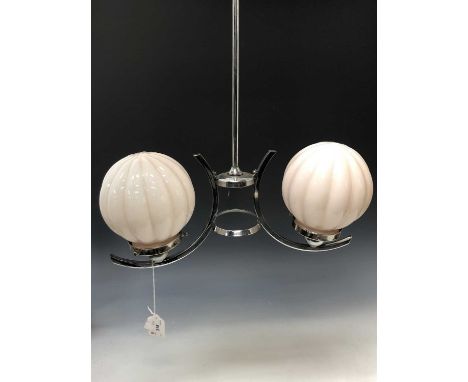An Art Deco chrome two branch pendant light fitting, with two pink opaque glass shades, width 44cm.
